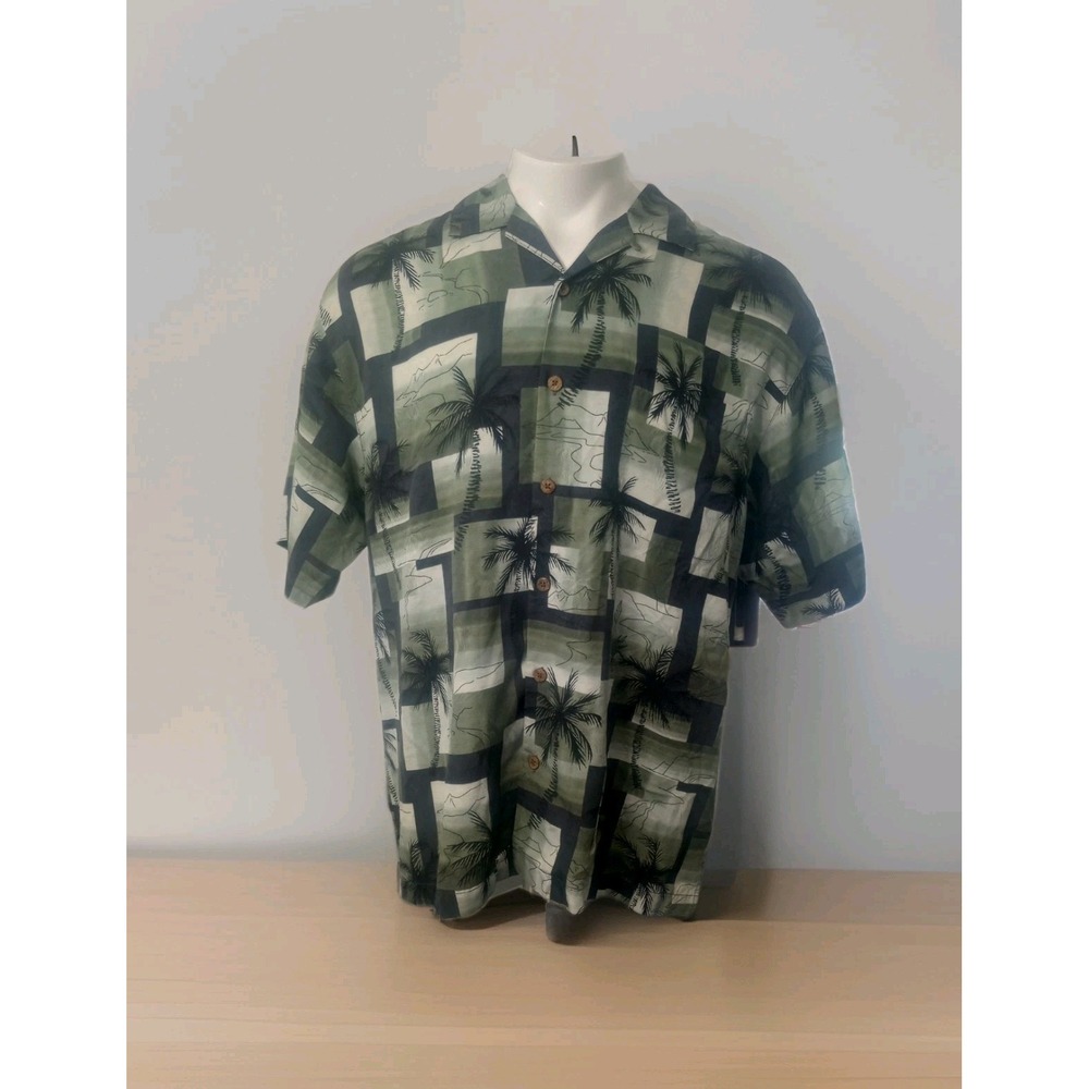Tommy Bahama Black Green PalmTree‎ Silk Hawaiian Shirt Size L Beach  Rockabilly